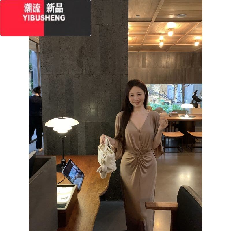 YIBUSHENG法式气质优雅V领连衣裙女季裙子扭结设计感开叉包臀裙咖色长裙图片