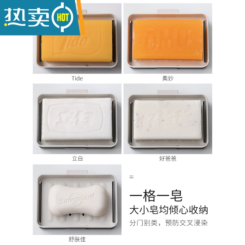 敬平创意壁挂式肥皂盒双层大号洗衣皂盒沥水香皂盒卫生间肥皂盒架 双层浅灰色(横竖两用送备用贴)高清大图