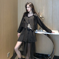 波迷娜(BOMINA)秋装2021年新款中长款网纱吊带连衣裙女小西装短外套初秋两件