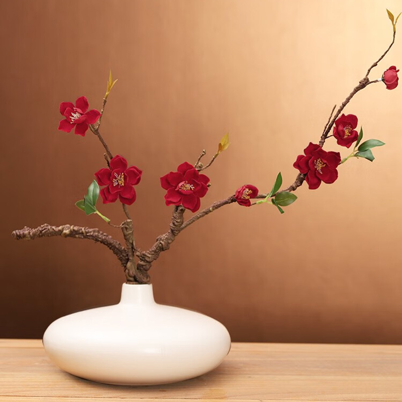 小窝厘 仿真花禅意摆件桌面假花装饰 白花瓶+红色山茶花套装高清大图