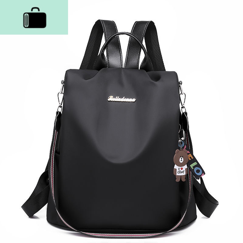 双肩包女背包2020新款韩版潮牛津布帆布时尚百搭书包旅行大包包女NEW LAKE 黑色-配彩带熊