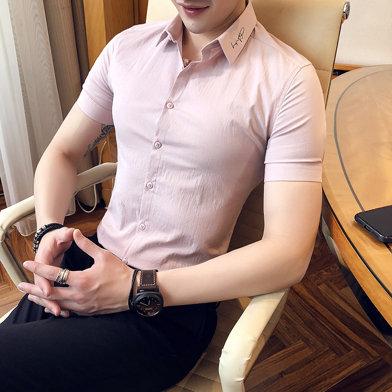夏装英伦风男士修身短袖领子刺绣衬衫帅气商务帅气半袖寸衣韩版