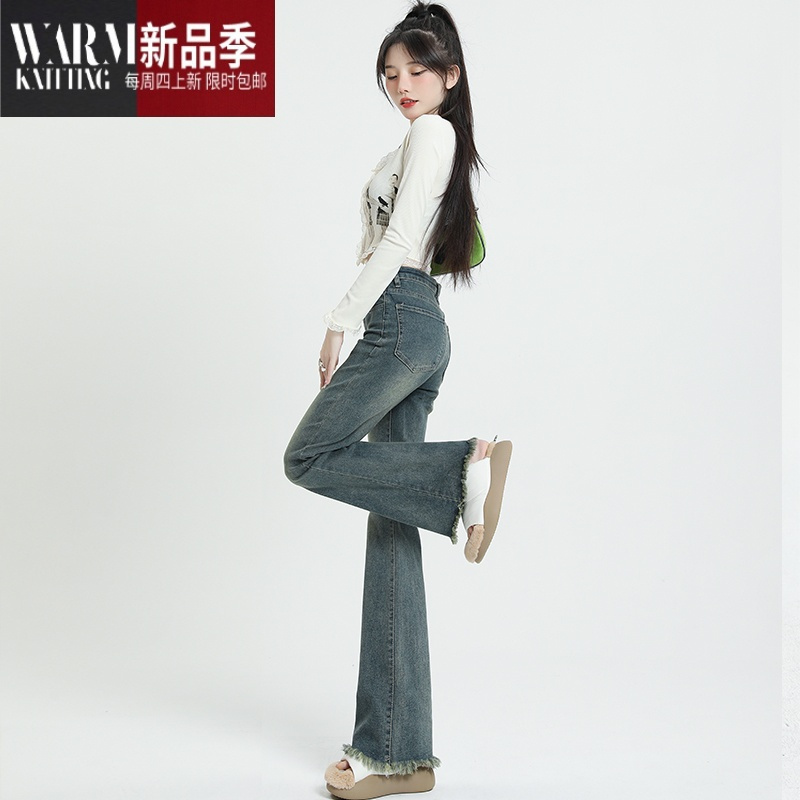 SHANCHAO微喇弹力牛仔裤2023新款复古高腰显瘦辣妹紧身喇叭牛仔裤