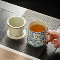 金镶玉仿宋汝窑茶杯 陶瓷带过滤茶水杯马克杯办公家用泡茶具 缠枝莲青花