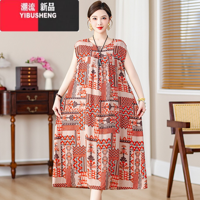 YIBUSHENG2024年新款季中老年妈妈装棉绸连衣裙女长款加肥加大码宽松裙子 5号色 XL建议100-125斤