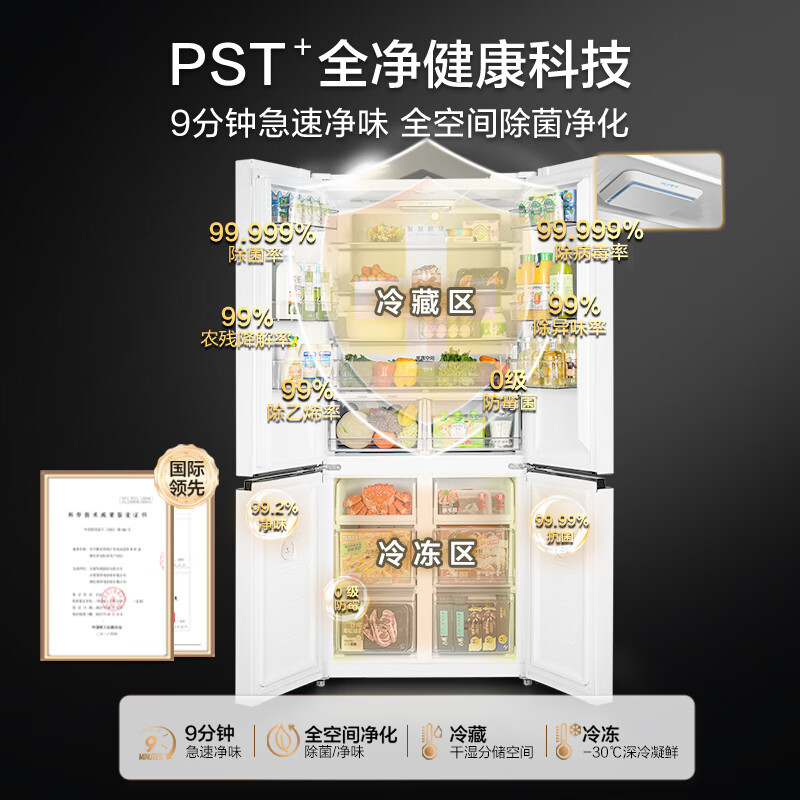 美的(Midea)508升十字对开门双系统双循环一级能效除菌净味大容量家用冰箱BCD-508WSPZM(E)海贝白