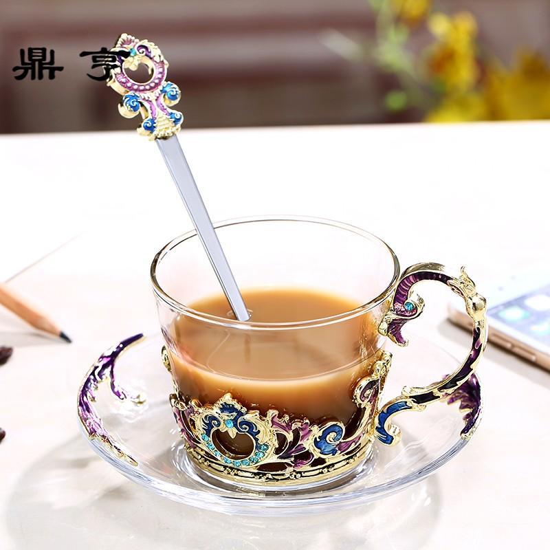 鼎亨珐琅彩咖啡杯欧式茶杯套装创意水杯子玻璃杯带碟带勺女神生日