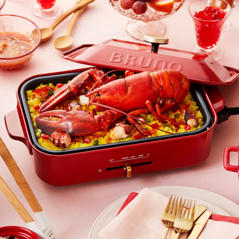 BRUNO官方多功能料理锅烧烤电煮火锅网红颜值家用无烟不粘分离式烤肉嗨聚锅 2.7L 复古红BOE021-RD