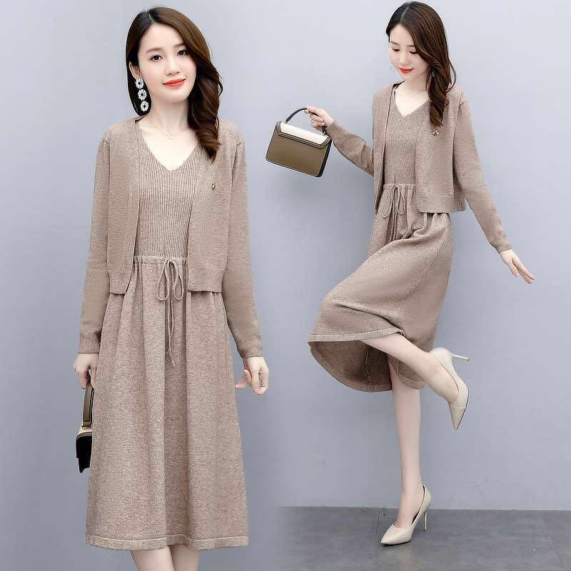 开衫毛衣裙两件套秋冬长袖色显瘦中长款过膝套装打底针织连衣裙