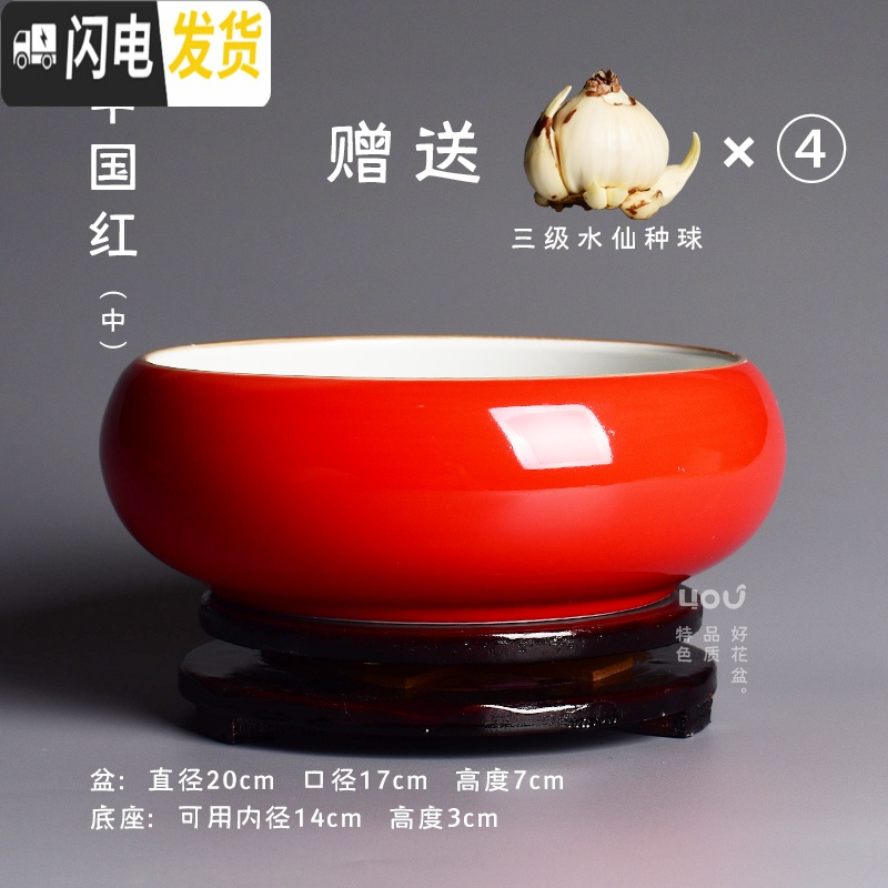 三维工匠水仙花盆陶瓷中国风红色养水仙的花盆家用创意水培无孔水养盆栽 [白瓷小号+底座10cm+三级水仙2颗] 大花盆容器