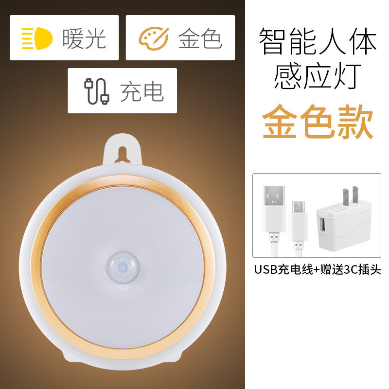 光控人体感应LED小夜灯泡过道楼道走廊声控家用厕所无线可充电池波迷娜BOMINA 金色暖光【充电】+充电头