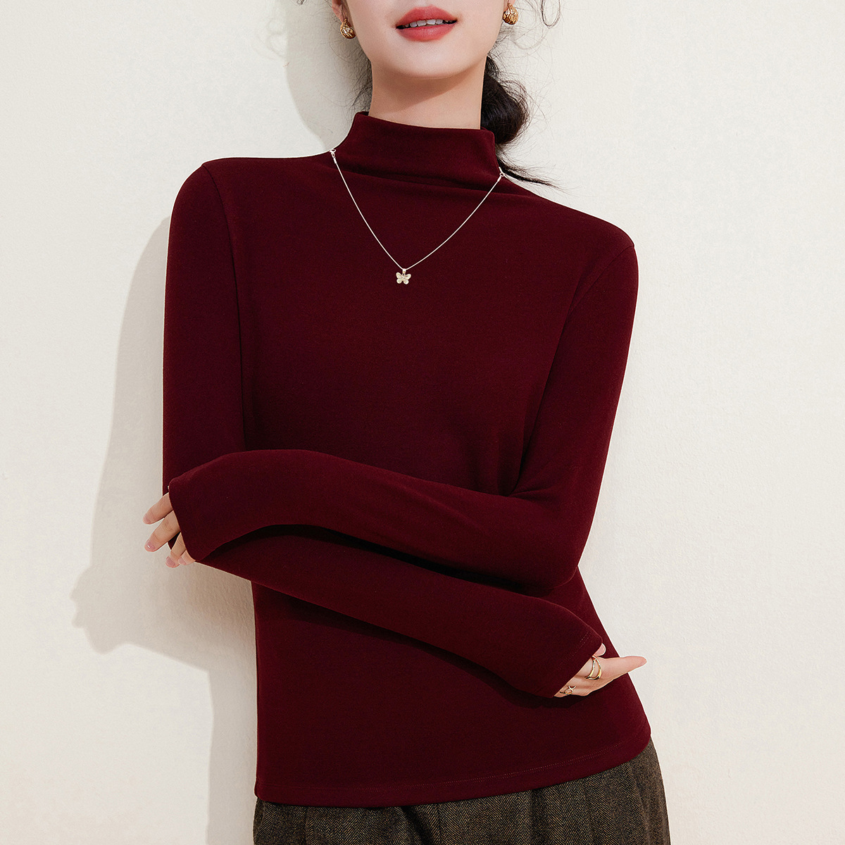 含羊毛蚕丝加绒半高领项链打底衫女加厚保暖内搭半高领上衣女冬季高清大图