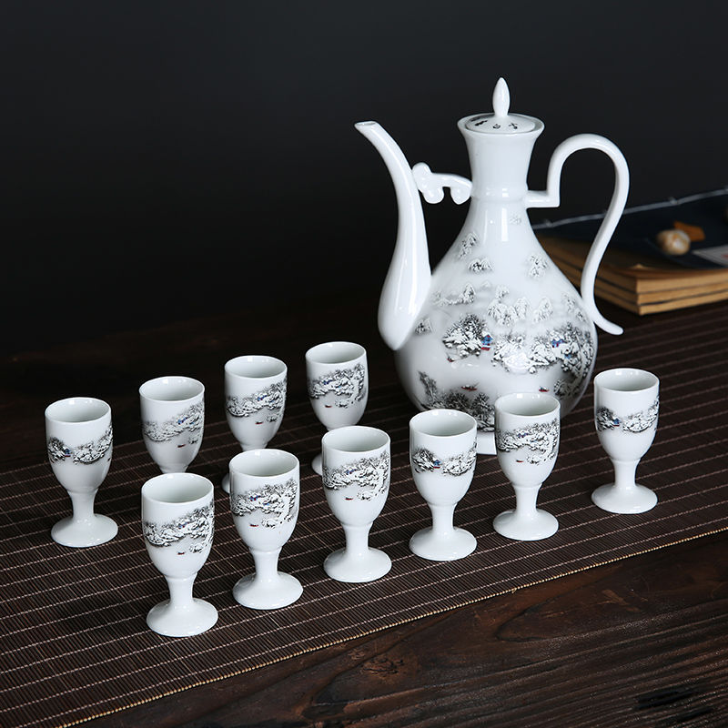 酒壶家用酒杯白酒 陶瓷酒具套装 青瓷传统酒壶 古代高脚杯白酒杯|阳春