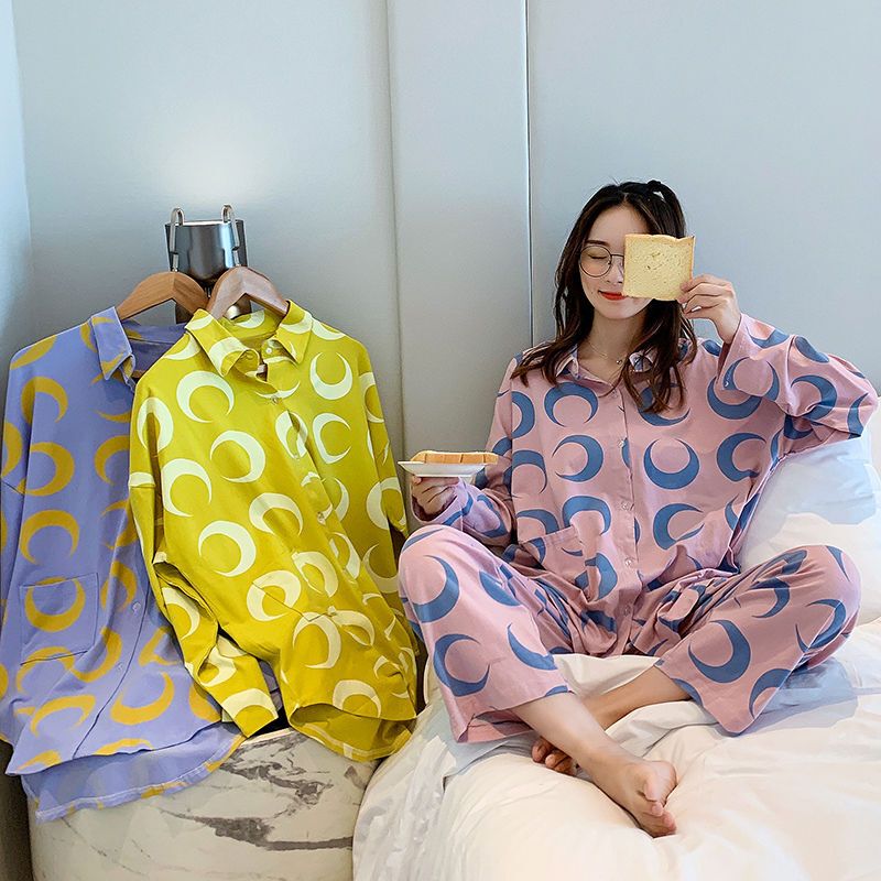 波迷娜(BOMINA)满印月亮纯棉睡衣女开衫长袖港风宽松网红套装ins秋季服色 均码