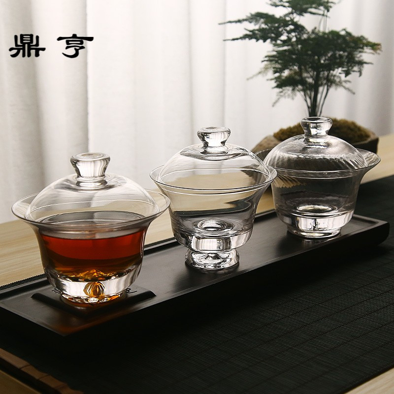 鼎亨 玻璃盖碗茶杯大号三才碗功夫茶具茶碗加厚耐热敬茶杯家用
