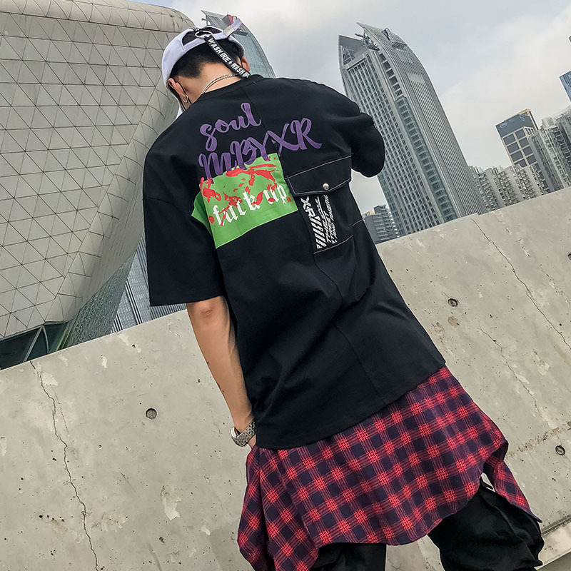 春夏新款短袖男T恤欧美街头印花撞色半袖时尚宽松潮牌青年体恤衫