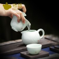 恒福(TEA MiLL)茶具 越窑古意青瓷陶瓷盖碗半组 整套功夫茶具 越窑龙泉青瓷一盖碗一海六杯 否