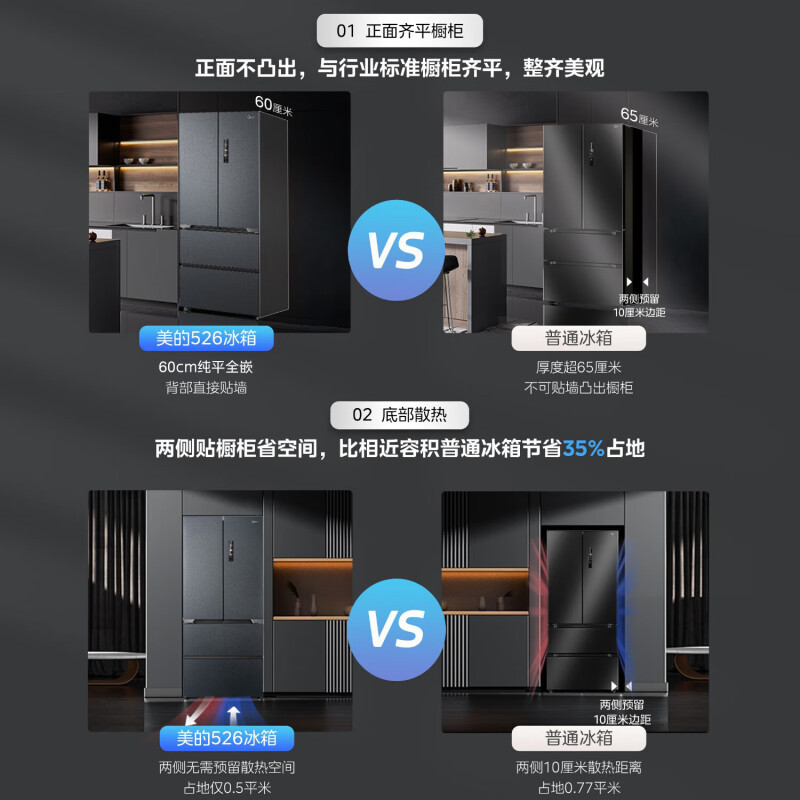 美的(Midea)M60系列526法式多门冰箱超薄零嵌入式变频家用双系统大容量风冷冰箱MR-526WUFPZE灰色