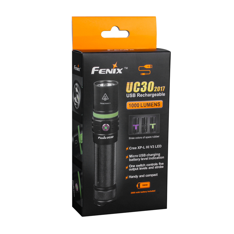 FENIX/UC30充电手电筒USB强光便携充电手电筒Cree XP-L V3 LED射程253米1000流明