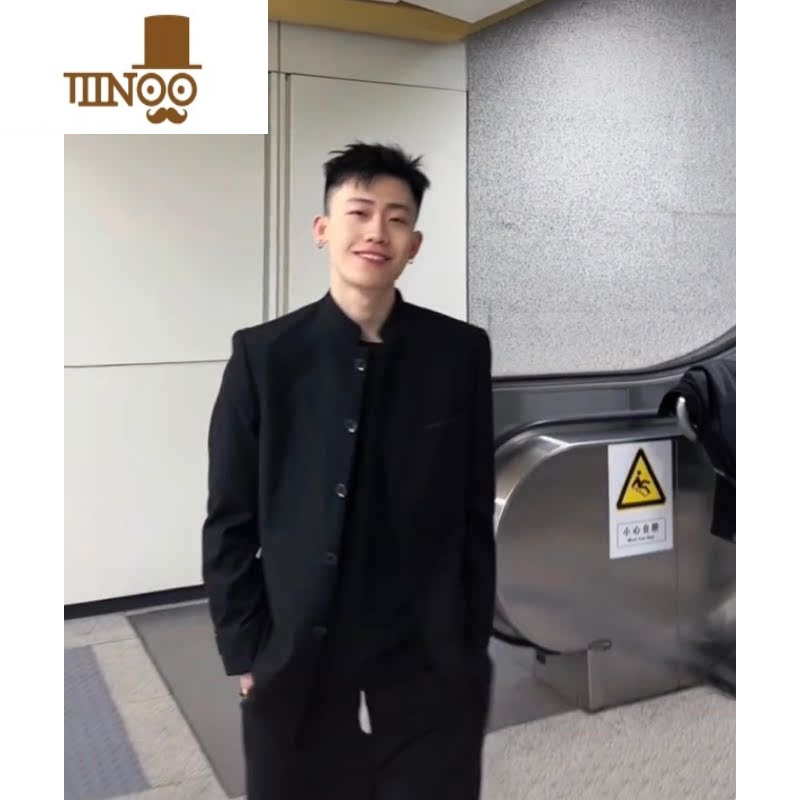 YANXU感痞帅新中式中山装夹克男抖音赵山河同款立领西装外套潮 黑色 3XL