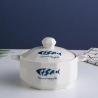 新品陶瓷双耳带盖猪油罐家用厨房调味瓶罐辣椒油盐调料罐隔水炖盅 5英寸双耳鱼