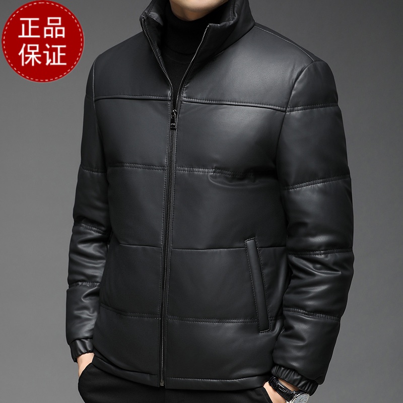 免费试穿 海宁头层100%绵羊皮羽绒服立领纯色拉链皮袄保暖夹克真皮羽绒服男装外套2024年春秋季新款舒适外套潮真皮皮衣