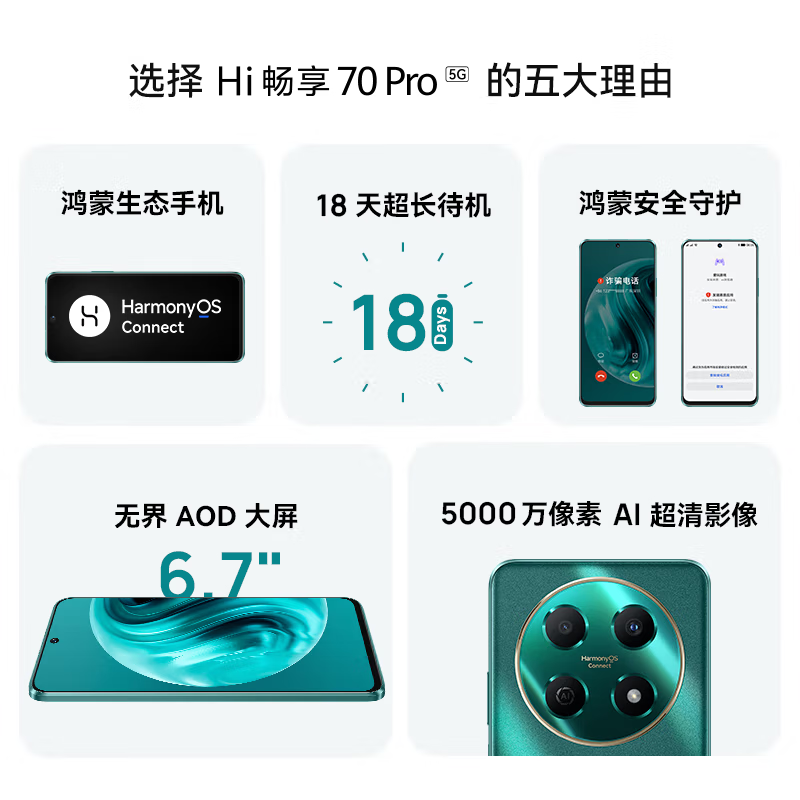 [全新] 华为智选 WIKO Hi 畅享70 Pro 翡冷翠 8GB+256GB 5G鸿蒙系统 5000mAh电池 40W超级快充 5000万超清影像 智能手机