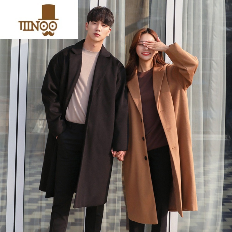YANXU春季呢大衣男中长款风衣韩版宽松情侣装毛呢外套男款加厚潮高清大图