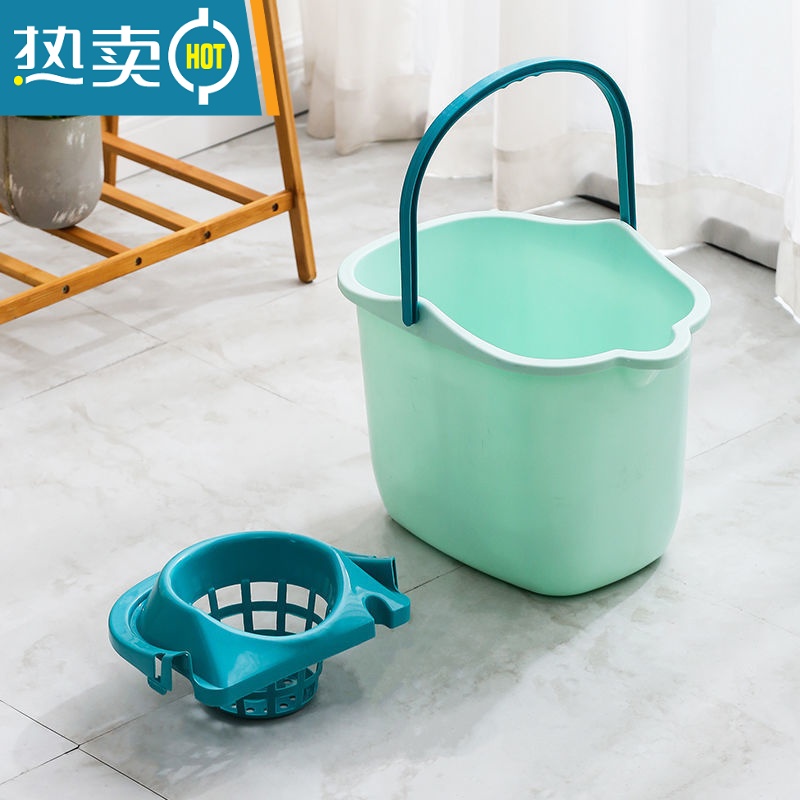 敬平家用加厚带轮子拖地拖把桶塑料旋转拧水墩布单桶手动挤水桶地拖桶 [加厚]荧光绿高清大图