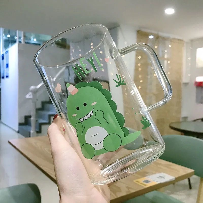 创意超萌卡通玻璃杯耐高温厚超大容量1000ml男女花茶果汁杯喝水杯绿色