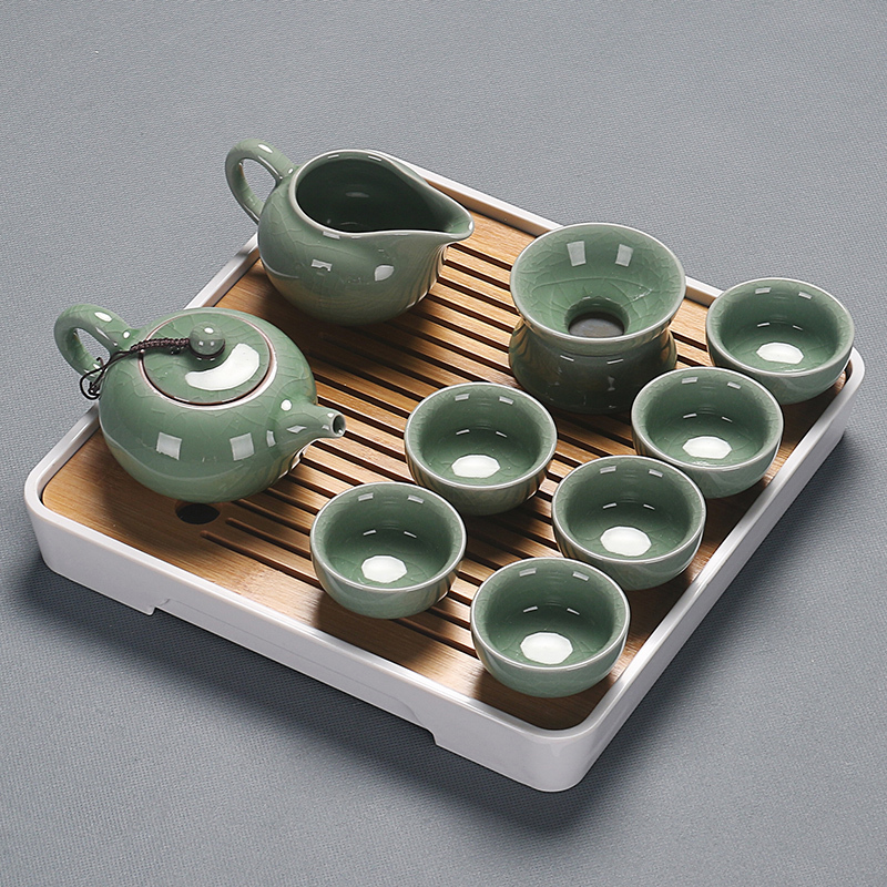 会客小茶具套装家用简约客厅功夫日式配件整套泡茶台套功夫茶茶盘|金线盖碗四方竹黑盘套装