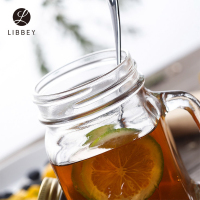 Libbey利比田园多用把杯(印花,带盖)488ml 进口玻璃杯公鸡杯果汁杯梅森杯透明不保温水杯子带盖