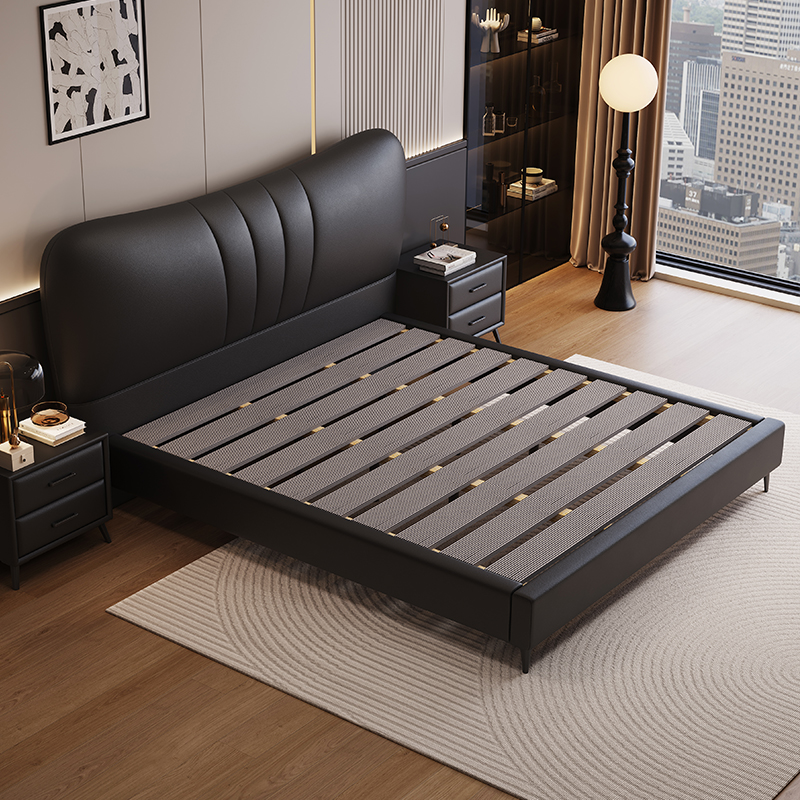 意式极简真皮床轻奢现代简约双人床主卧室实木储物床家用软包婚床高清大图