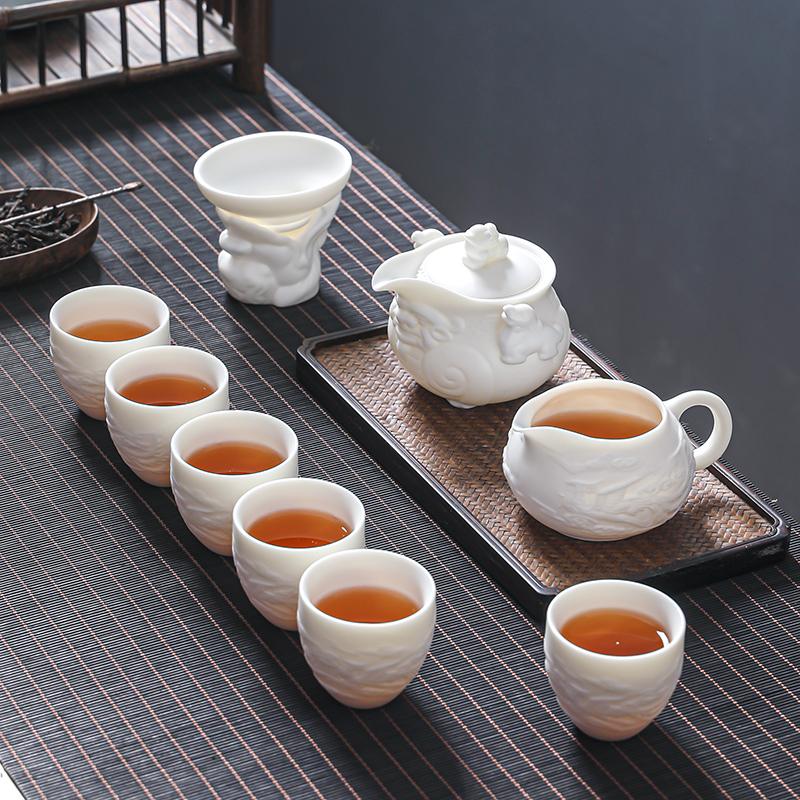 MULTIPOTENT整套功夫茶具羊脂玉中国白国潮浮雕手抓龙壶一壶6杯套装礼盒高清大图