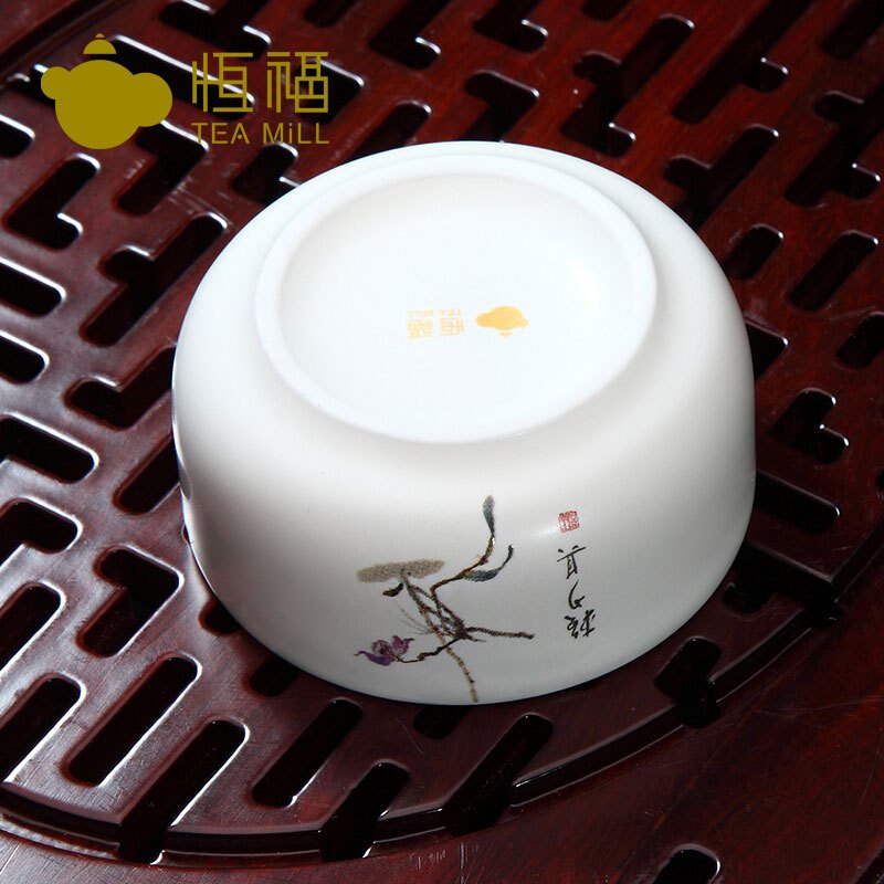 恒福（TEA MiLL）茶具 定窑陶瓷白瓷石斛花宽口小品杯 赖少其大师画作石斛花 定窑珠光 白3个装 否