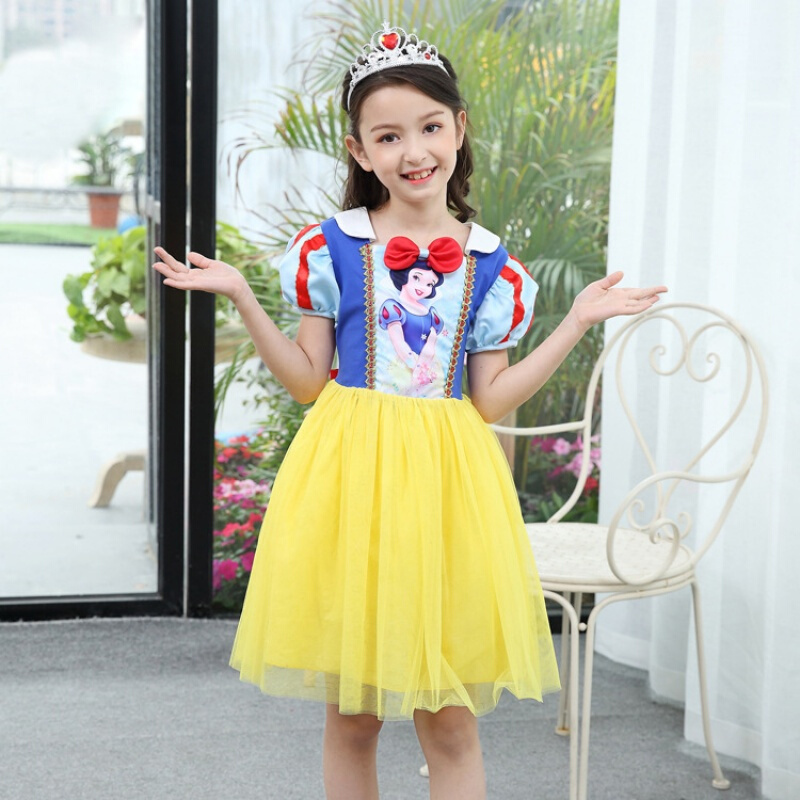 白雪公主裙夏季新款卡通中小女童装儿童网纱裙洋气连衣裙蓬蓬裙黄色