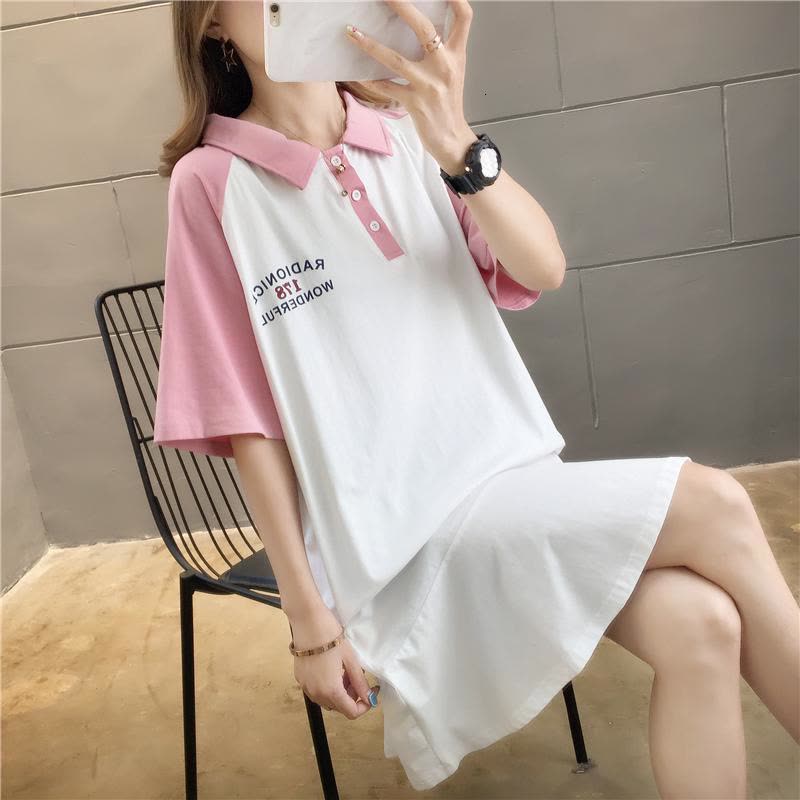 T恤裙女宽松韩版中长款2019新款红设计感体恤连衣裙图片