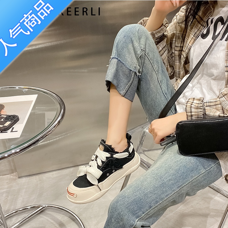 SUNTEK檀健次同款帆布鞋女2023春夏新款百搭小众厚底开口笑情侣休闲板鞋高清大图