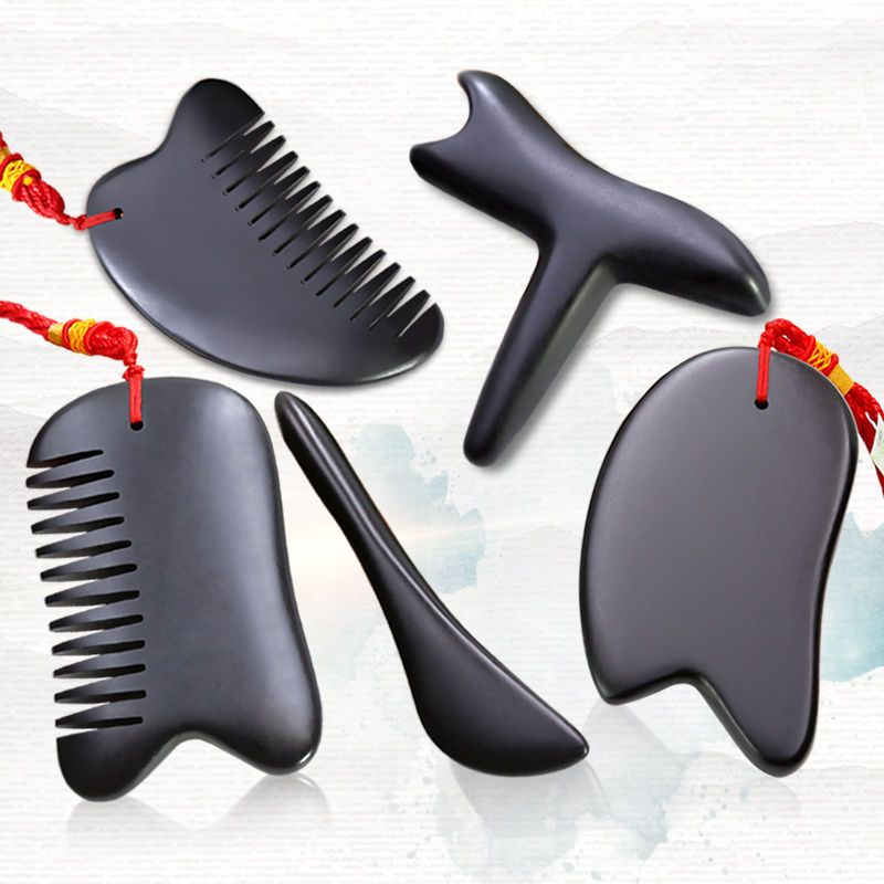 天然砭石刮痧板套装面部瘦脸家用排毒颈部淋巴全身通用三件套牛角砭石