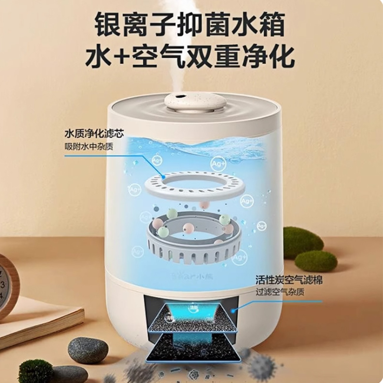 小熊加湿器家用卧室小型办公室轻音空气加湿器三重净化桌面香薰机高清大图