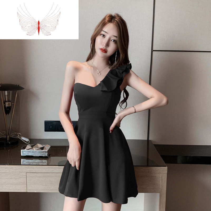 夜店女装时尚气质女神范衣服夜场低胸斜肩酒红色性感连衣裙暖青汇