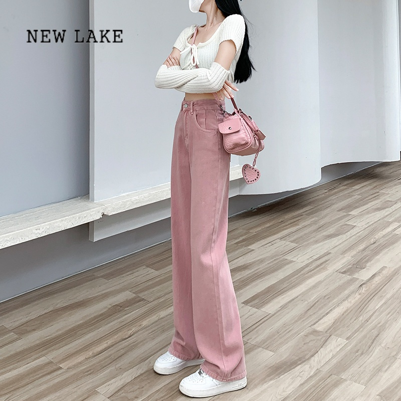 NEW LAKE脏粉色阔腿牛仔裤女2024年春秋新款高腰显瘦春装直筒宽松拖地裤子