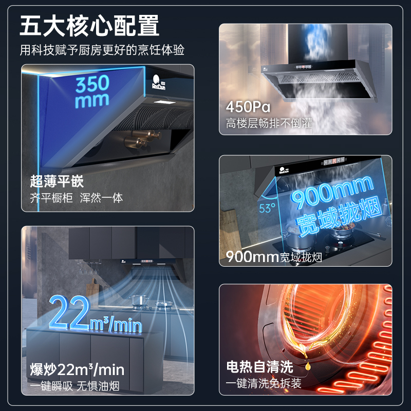 红日(RedSun)烟灶套装欧侧跨界体感操控油烟机22立方大吸力自动清洗智能定时厨电套餐RTEU23H+TEM608B
