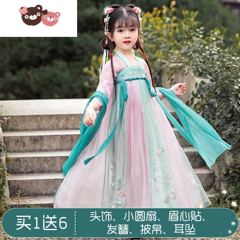 绿彩虹光汉服女童夏季薄款短袖连衣裙仙气飘逸儿童古装超仙夏款古风