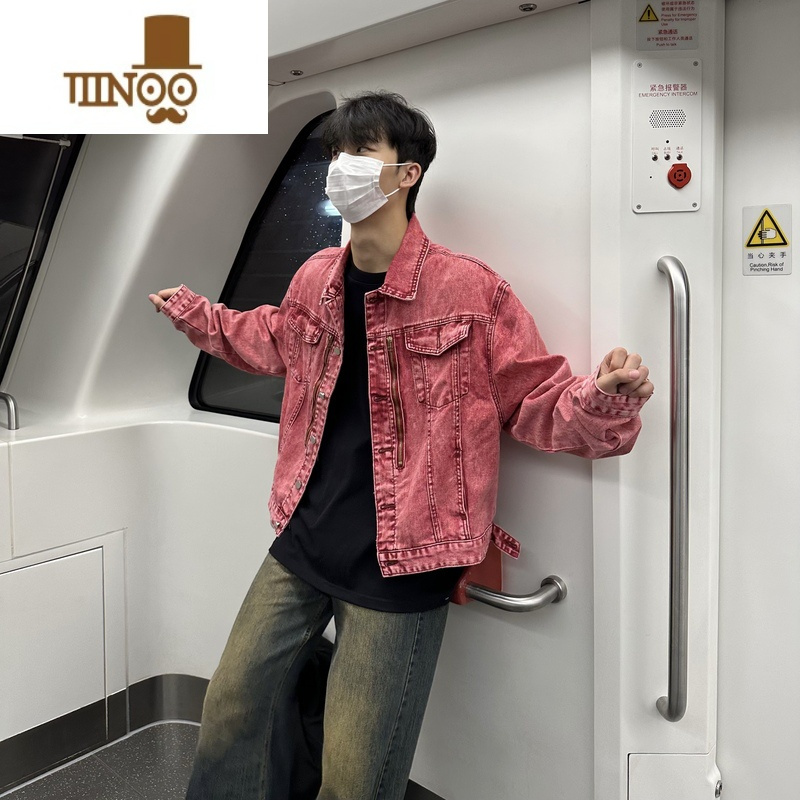 YANXUALCF美式做旧复古水洗拉链拼接中性牛仔衣ins外套夹克男女痞帅