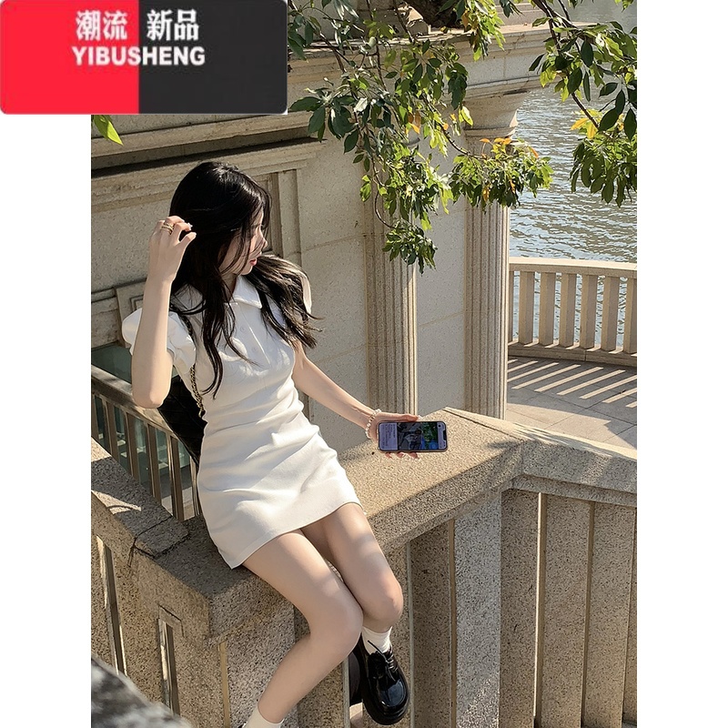 YIBUSHENG性感辣妹polo领白色连衣裙女小个子修身显瘦t恤裙季包臀短裙子高清大图