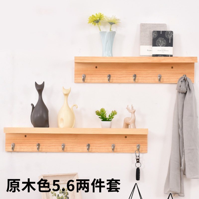 汐岩创意衣帽架壁挂实木家用简约经济型衣架子玄关衣架卧室墙上挂衣架 原木色5钩6钩两件套