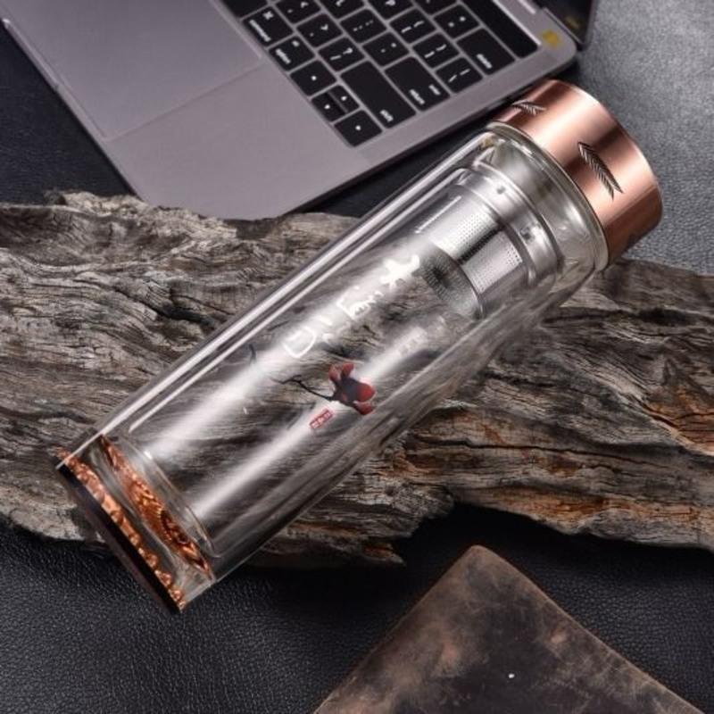 双层玻璃杯高档玻璃杯加厚耐热泡茶杯便携车载水晶玻璃杯-帆风顺 黄金盖300毫升