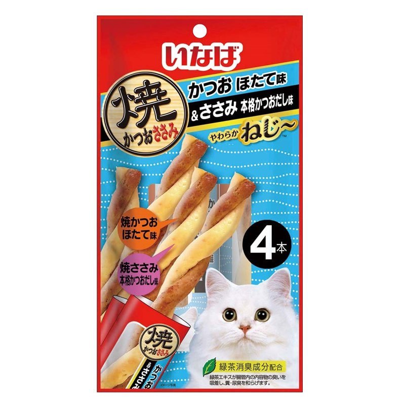 伊纳宝猫零食妙好鸡肉鲣鱼双口味双拼猫麻花肉条磨牙棒肉干4支 扇贝味和浓汤味