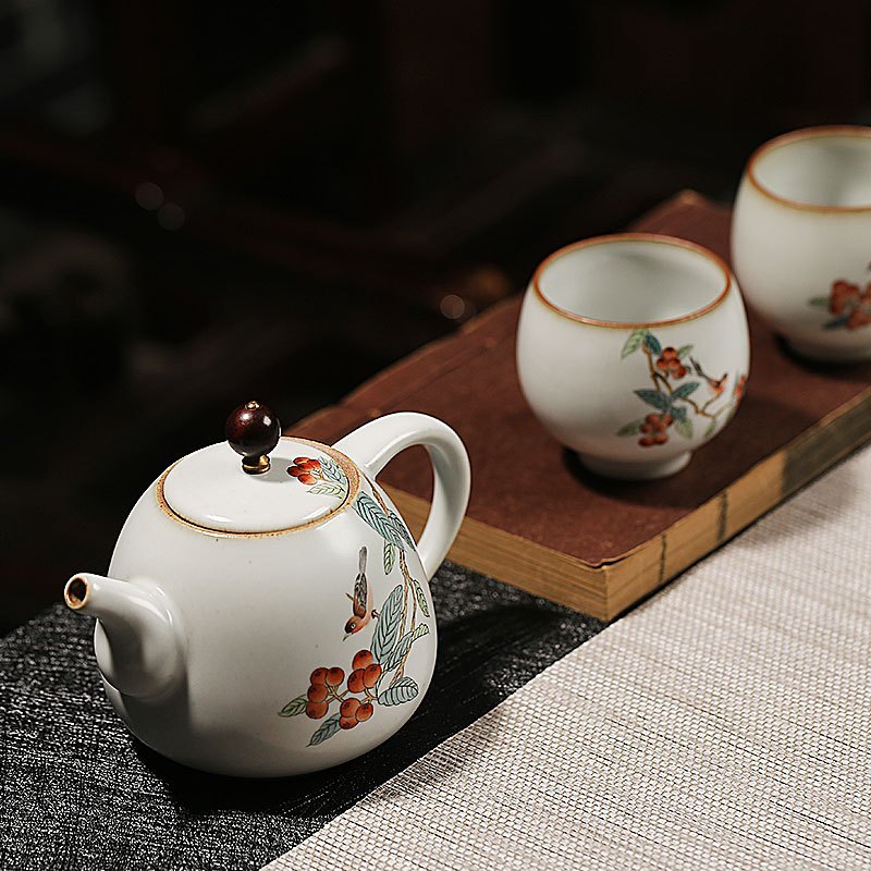 凯斯唯嘉汝窑枇杷手绘茶壶陶瓷单壶大号景德镇家用功夫茶手抓壶大容量